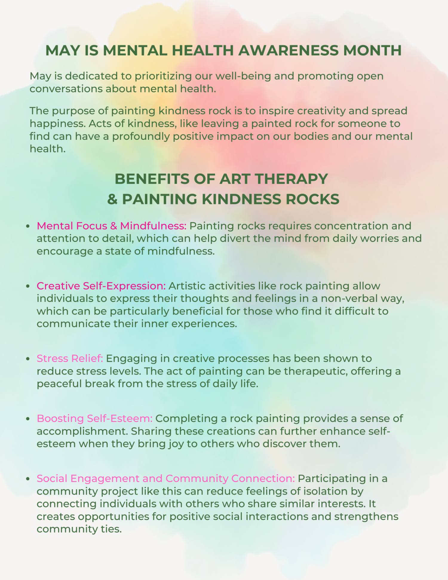 Mental Health Rocks Toolkit Page 2 benefits of art therapy & painting kindness rocks