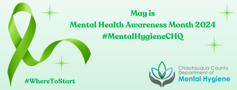 Mental Health Awareness Month 2024 on a green background with a green ribbon. Featured with logo 