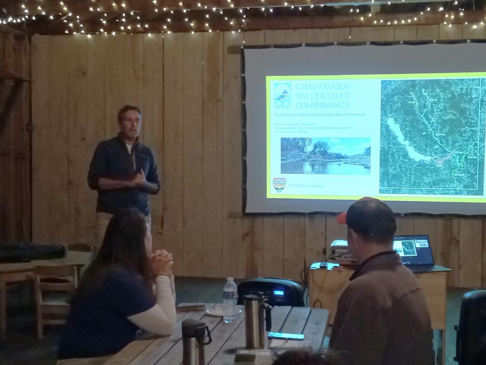 Twan Leenders from the Chautauqua Watershed Conservancy was one of several representatives who provided an update on various trail projects in Chautauqua County during the Friends of the Chautauqua County Greenways public meeting on Oct. 11 at Panama Rocks (submitted photo)