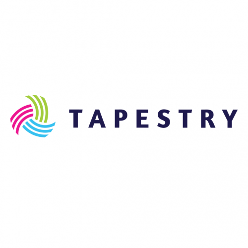 Tapestry CHQ Logo with pink, blue and green swirls. TAPESTRY displayed in dark blue lettering